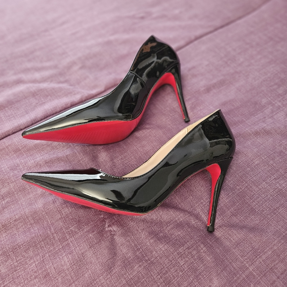 FSJ Black Patent Pointed-Toe Stiletto Pumps with Red Soles